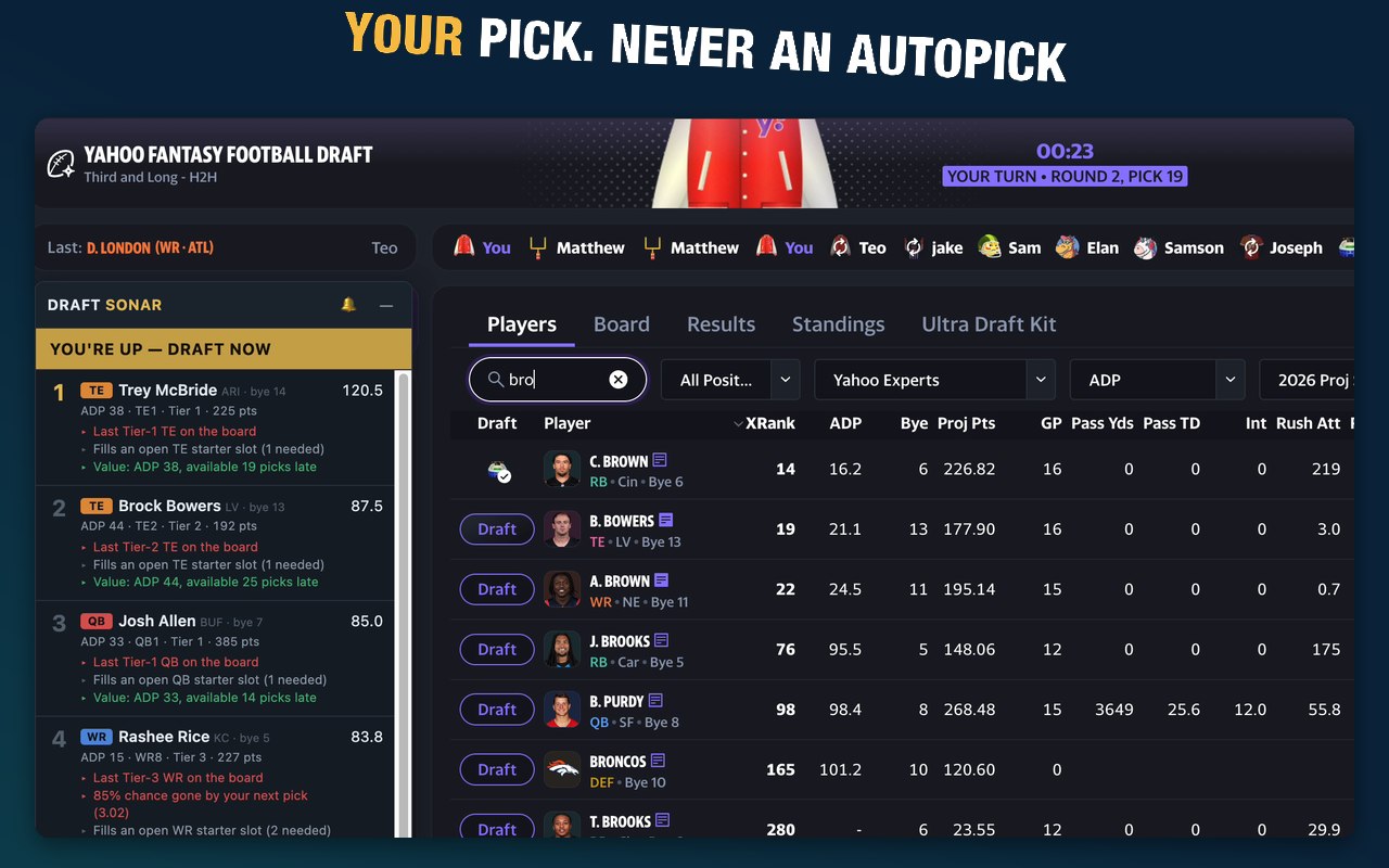 Your turn in a Yahoo draft — Draft Sonar recommends, you click Draft yourself